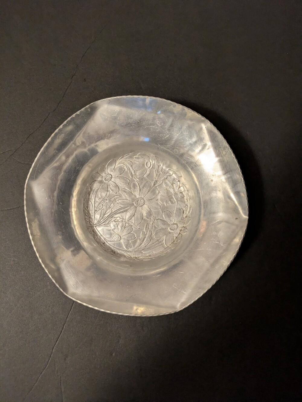 Hand Forged Aluminum Embossed Floral Accent Bowl Vintage 1950s